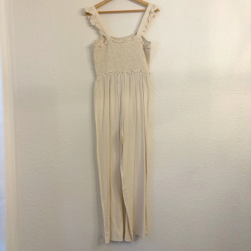 H&M Linen Blend Smocked Jumpsuit Small Wide Leg Beachy Coastal Minimalist‎ Beige